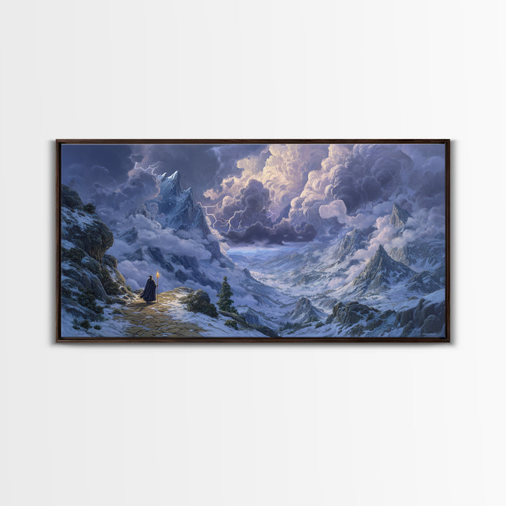 Snowy Mountain Wizard Wall Art, Epic Fantasy Canvas Print, Dungeons And Dragons Decor, Winter Landscape, Gamer Gift, Gift For Him