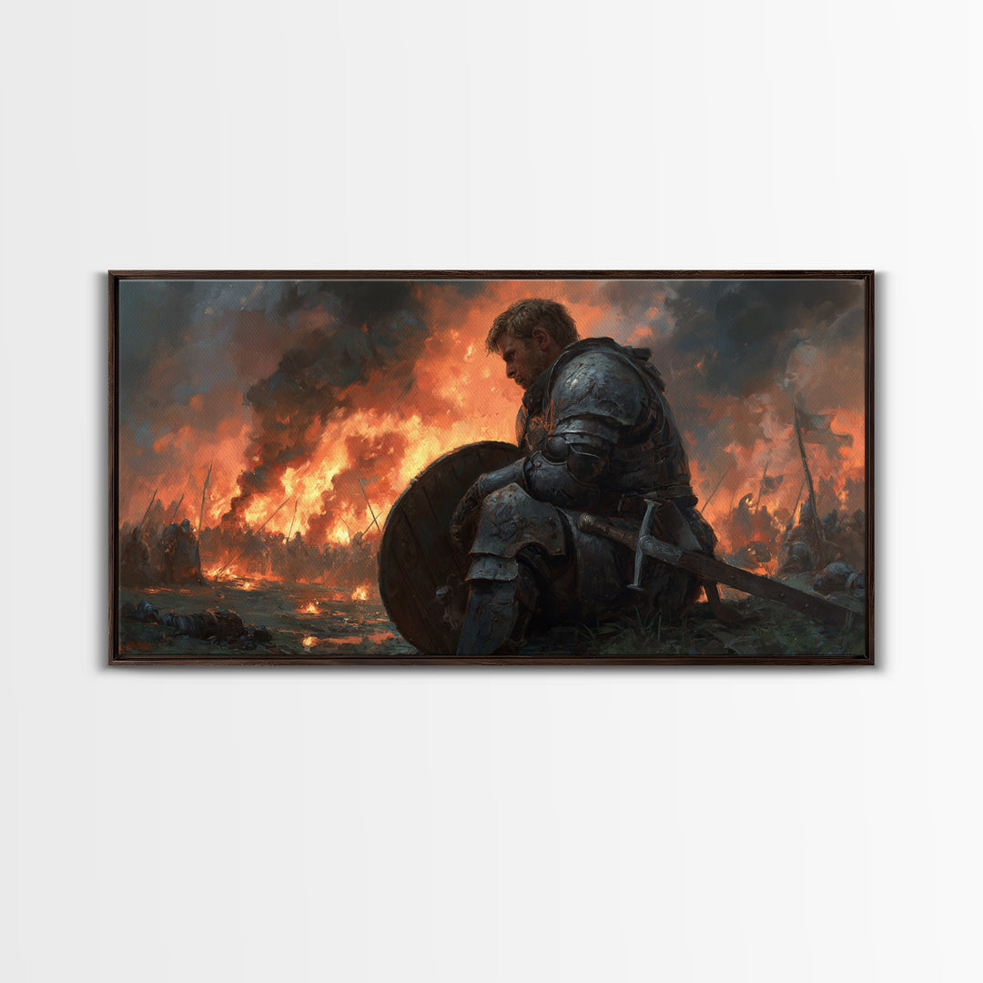 Wounded Medieval Knight On Burning Battlefield Wall Art, Dark Fantasy Warrior Canvas, Gothic Man Cave Decor, Gift For Him