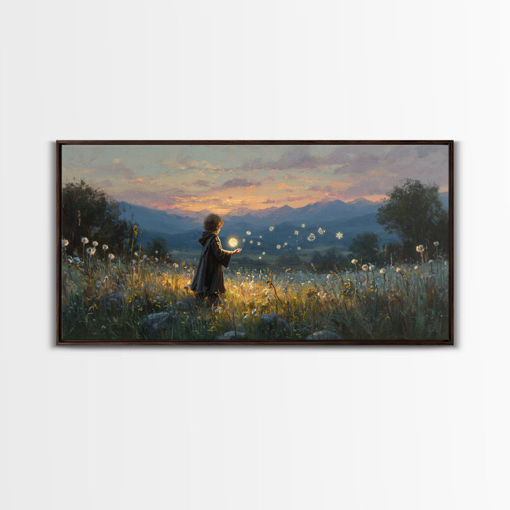 Child With Fireflies In Wildflower Meadow Wall Art, Whimsical Landscape Canvas Print, Nursery Decor, Magical Nature Gift