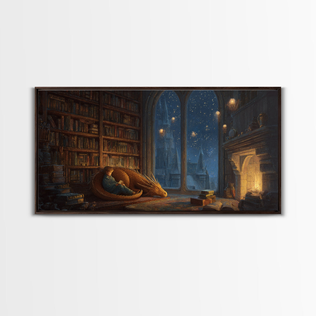 Sleeping Dragon In Cozy Library Wall Art, Fantasy Book Nook Canvas Print, Dark Academia Decor, Gift For Book Lover And Reader