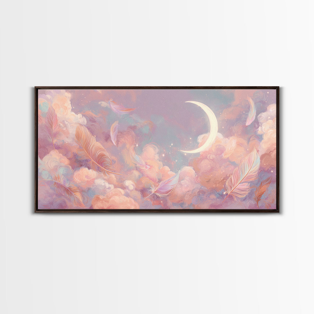 Crescent Moon And Pastel Feather Clouds Canvas Print, Celestial Wall Art, Soft Pink Nursery Decor, Dreamy Bedroom Decor, Gift