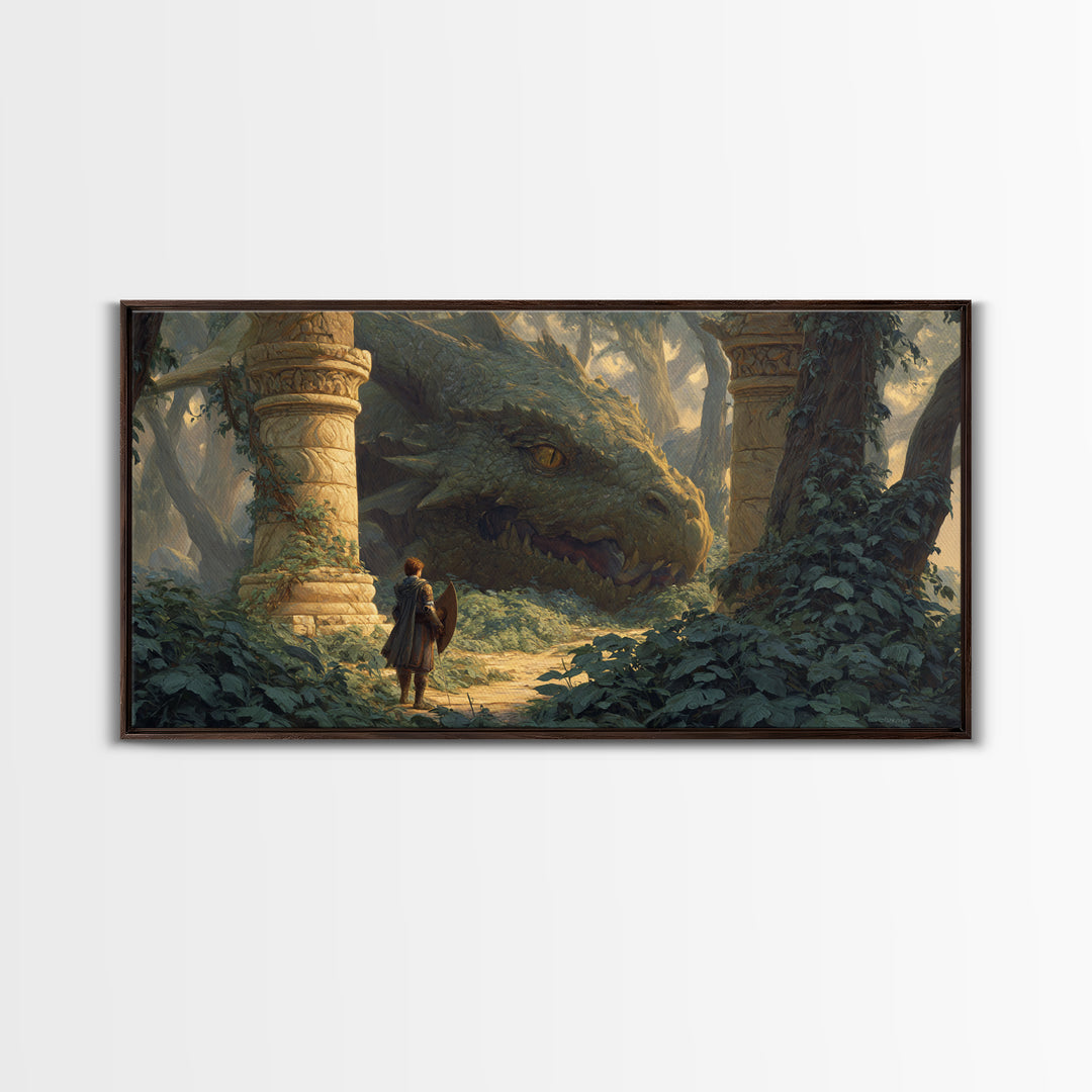 Ancient Forest Dragon Encounter Canvas Print, Fantasy Adventure Artwork, Medieval Ruins Decor, Dragon Art Print, Gift For Gamer