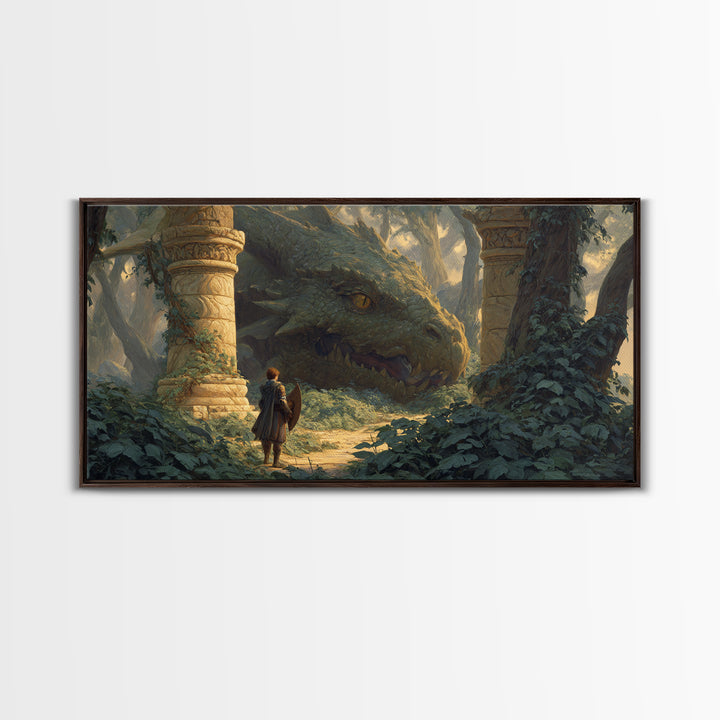 Ancient Forest Dragon Encounter Canvas Print, Fantasy Adventure Artwork, Medieval Ruins Decor, Dragon Art Print, Gift For Gamer