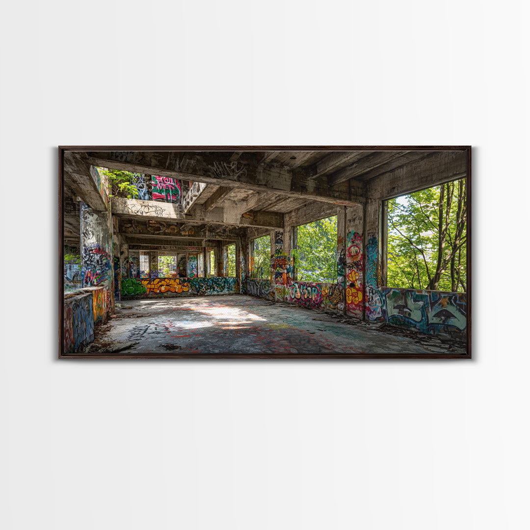 Abandoned Graffiti Warehouse Canvas Print, Urban Decay Wall Art, Industrial Street Art Decor, Edgy Loft Photography Print