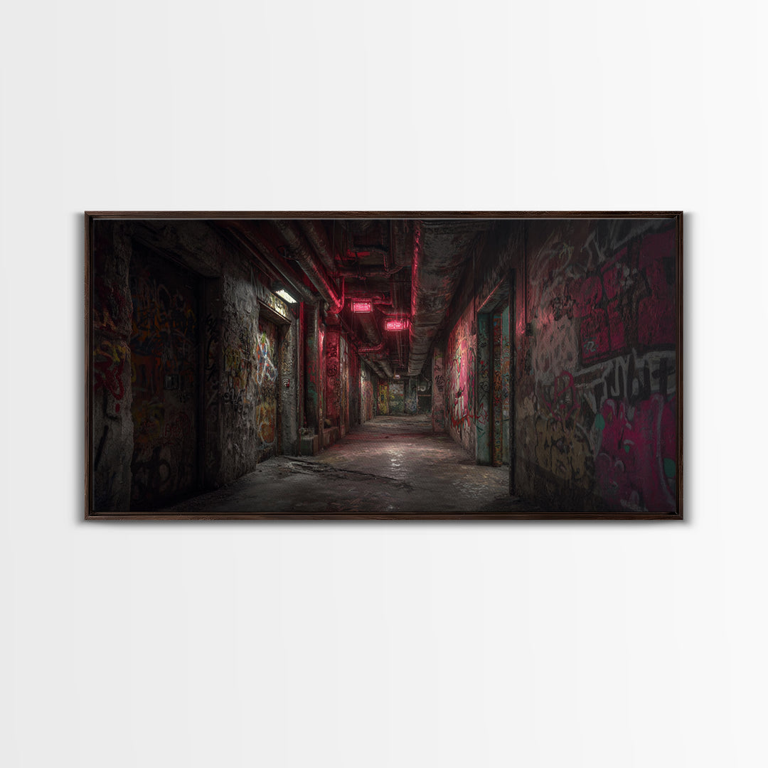 Abandoned Graffiti Corridor With Red Neon Wall Art, Urban Street Art, Industrial Decor, Grunge Poster, Office Wall Decor