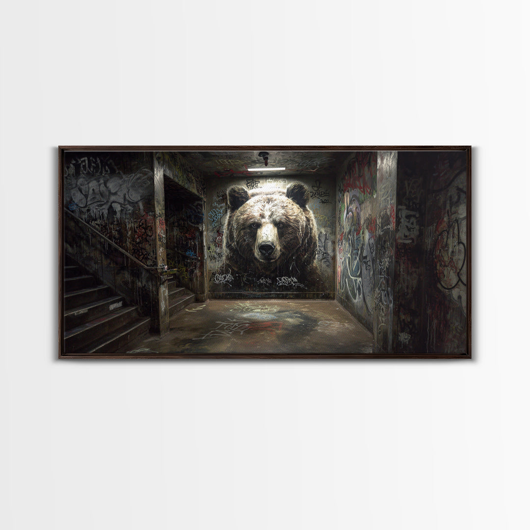 Giant Bear Graffiti Tunnel Wall Art, Urban Street Art Print, Edgy Industrial Decor, Modern Office Poster, Wildlife Mural