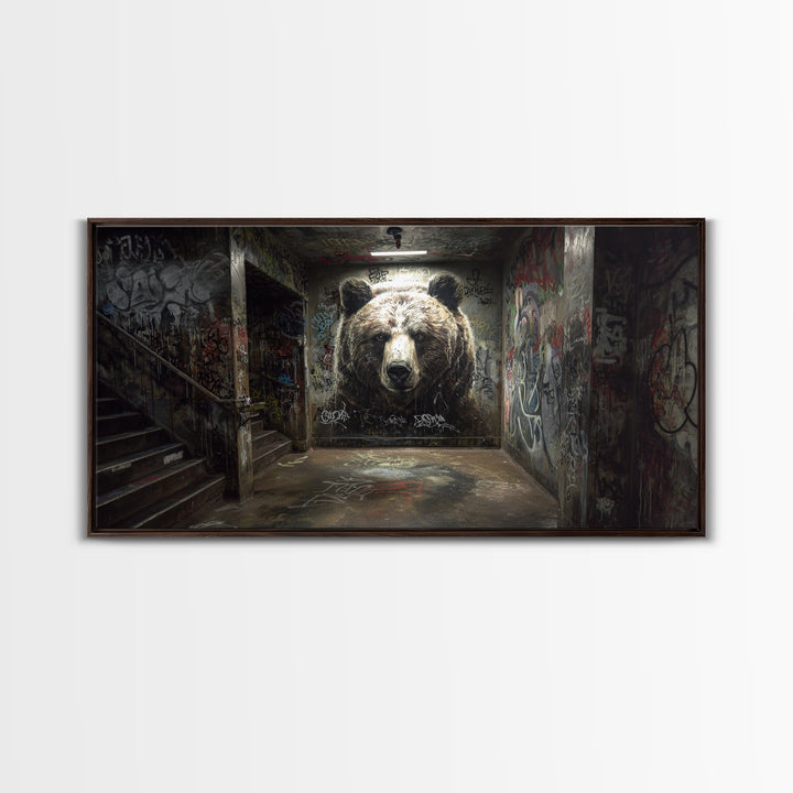 Giant Bear Graffiti Tunnel Wall Art, Urban Street Art Print, Edgy Industrial Decor, Modern Office Poster, Wildlife Mural