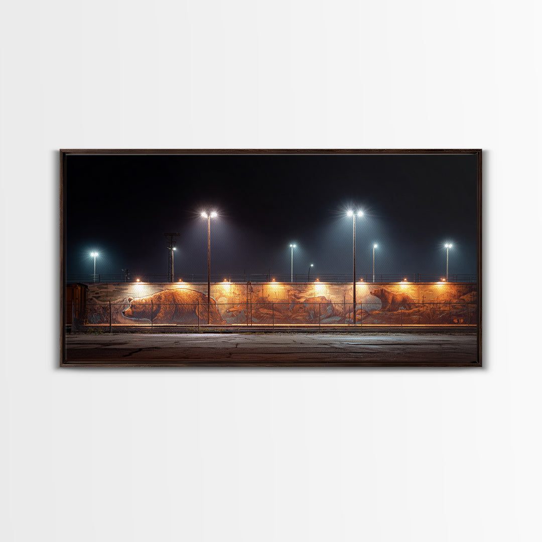 Night Industrial Light Yard Wall Art, Urban Street Photography Style Canvas, Moody Office Decor, Modern Loft Print For Him