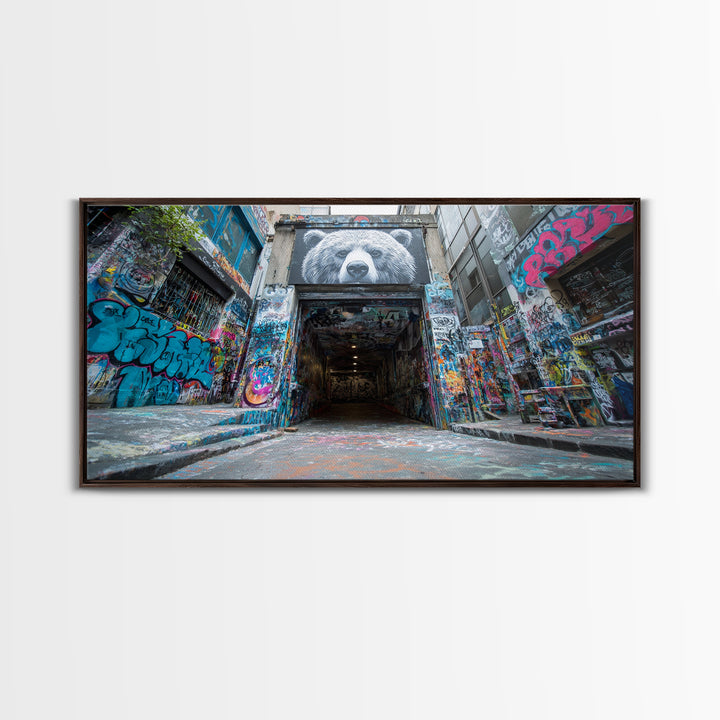 Graffiti Alley Bear Mural Wall Art, Urban Street Art Canvas Print, Bold Modern Decor For Loft, Office, Man Cave, Apartment Wall Decor