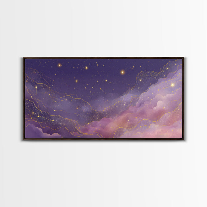 Purple Starry Sky With Gold Constellations Wall Art, Celestial Canvas Print, Mystical Bedroom Decor, Astrology Gift For Her