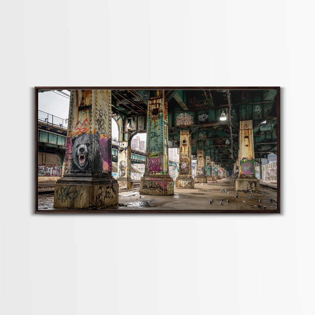 Graffiti Bear Underpass Wall Art, Urban Street Art Canvas Print, Industrial Decor, Man Cave Poster, Modern Wall Decor Print