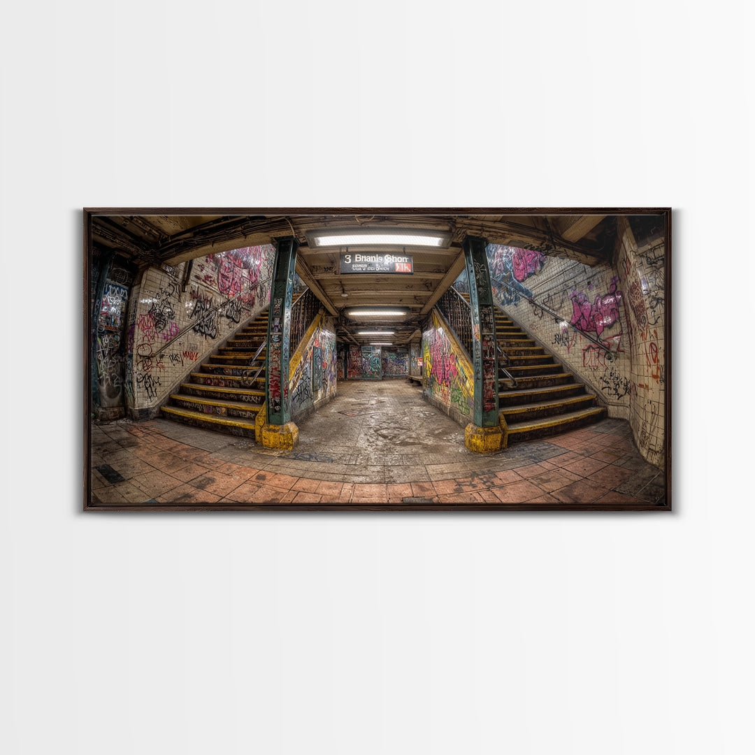 Graffiti Subway Stairwell Framed Canvas Print, Urban Street Art Wall Decor, Gritty Industrial Office Wall Art For Living Room