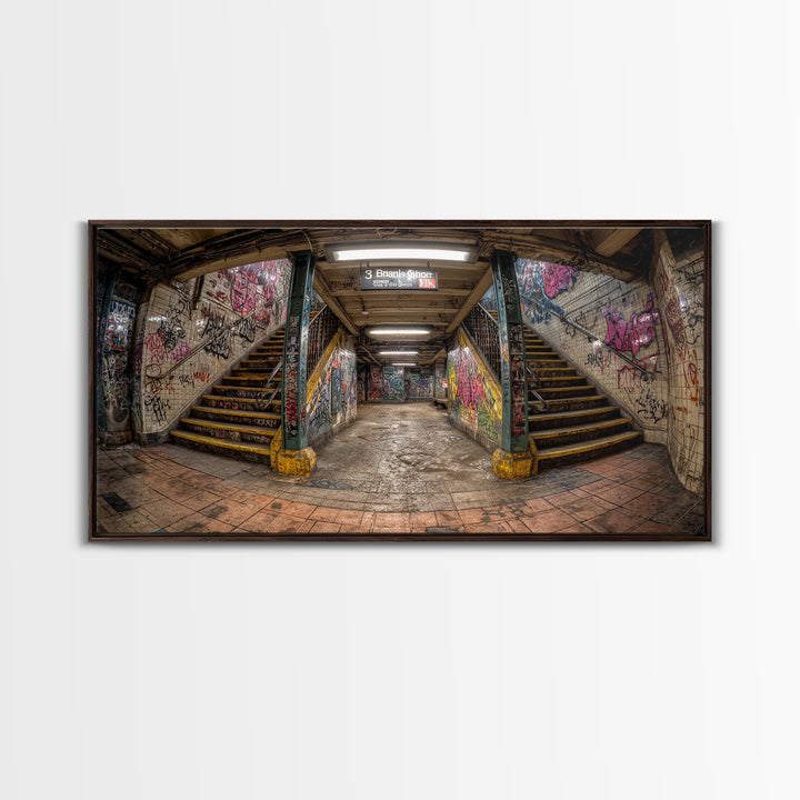 Graffiti Subway Stairwell Framed Canvas Print, Urban Street Art Wall Decor, Gritty Industrial Office Wall Art For Living Room