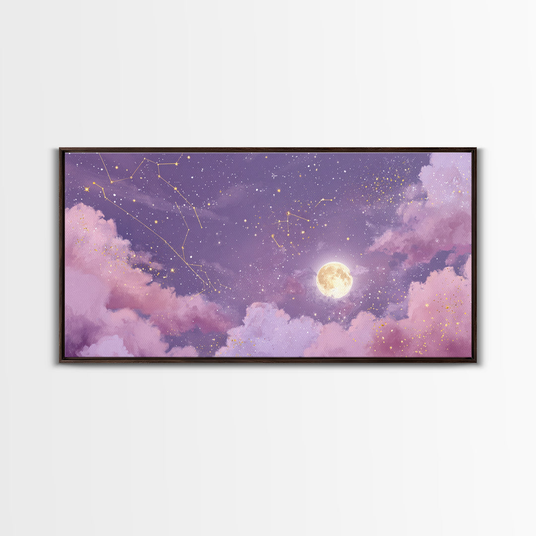 Full Moon Purple Night Sky Wall Art, Gold Constellations And Clouds Canvas Print, Celestial Bedroom Decor Gift, Astrology Wall Decor