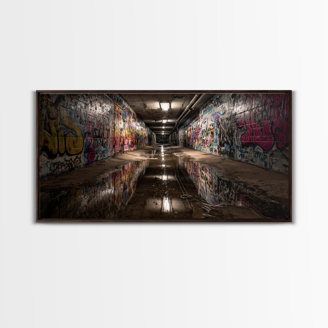Graffiti Tunnel With Reflective Puddle Wall Art, Urban Street Art Canvas Print, Industrial Decor, Modern Office Wall Decor