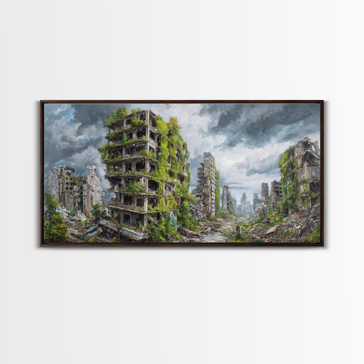 Overgrown Ruined Cityscape Wall Art, Post Apocalyptic Landscape Canvas Print, Urban Nature Decor For Modern Home And Office