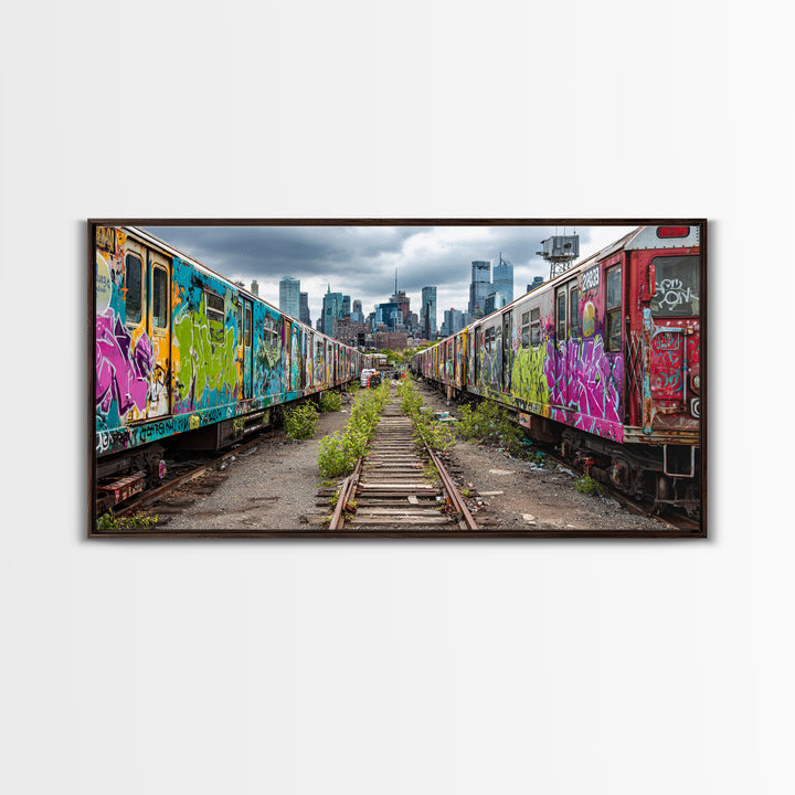 Graffiti Train Yard With City Skyline Wall Art, Urban Street Art Canvas Print, Colorful Industrial Decor, Modern Loft Gift