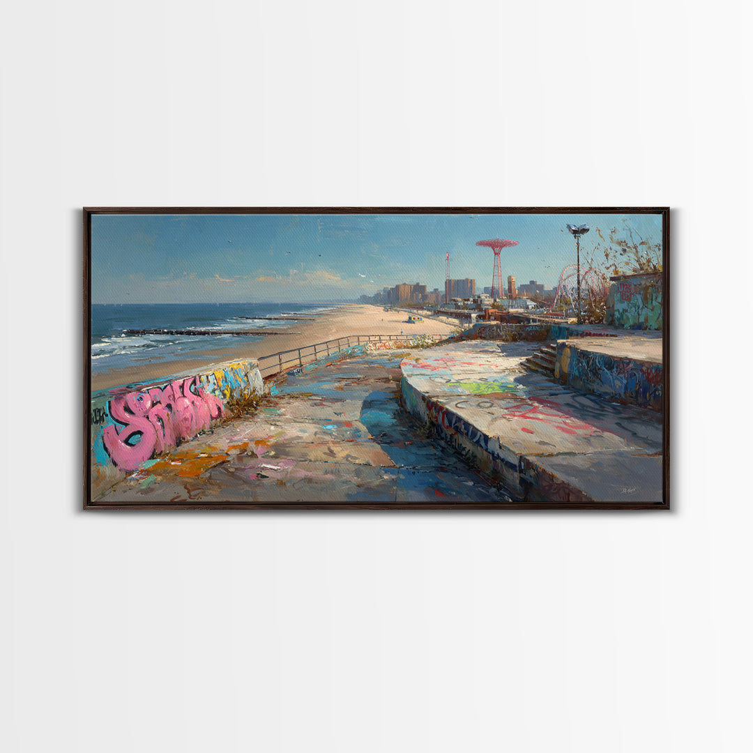 Graffiti Beach Boardwalk Seascape Wall Art, Coney Island Style Travel Poster, Urban Coastal Decor, Ocean City Print, Summer Beach Art