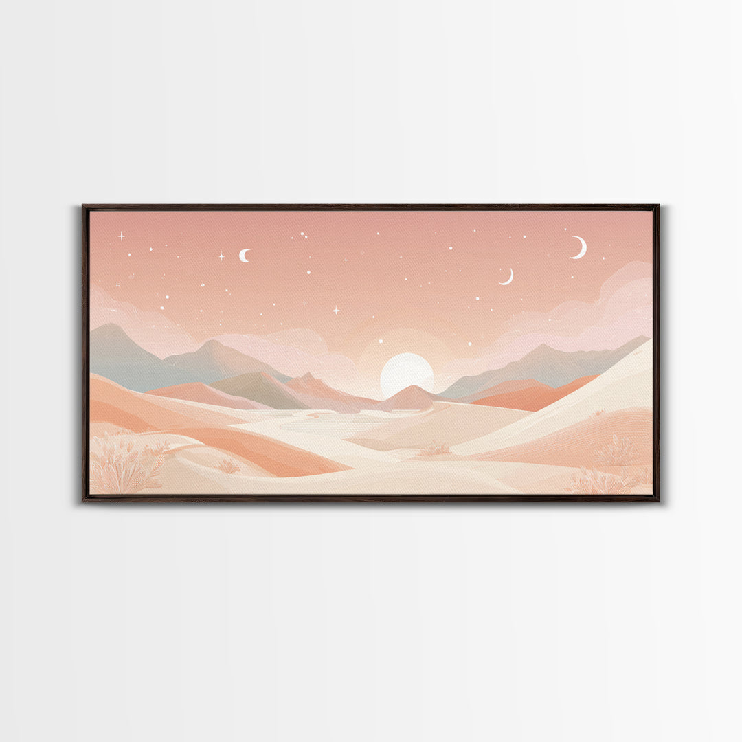 Pastel Desert Sunrise Landscape Canvas Print, Minimalist Mountain Wall Art, Boho Neutral Home Decor For Bedroom And Living Room