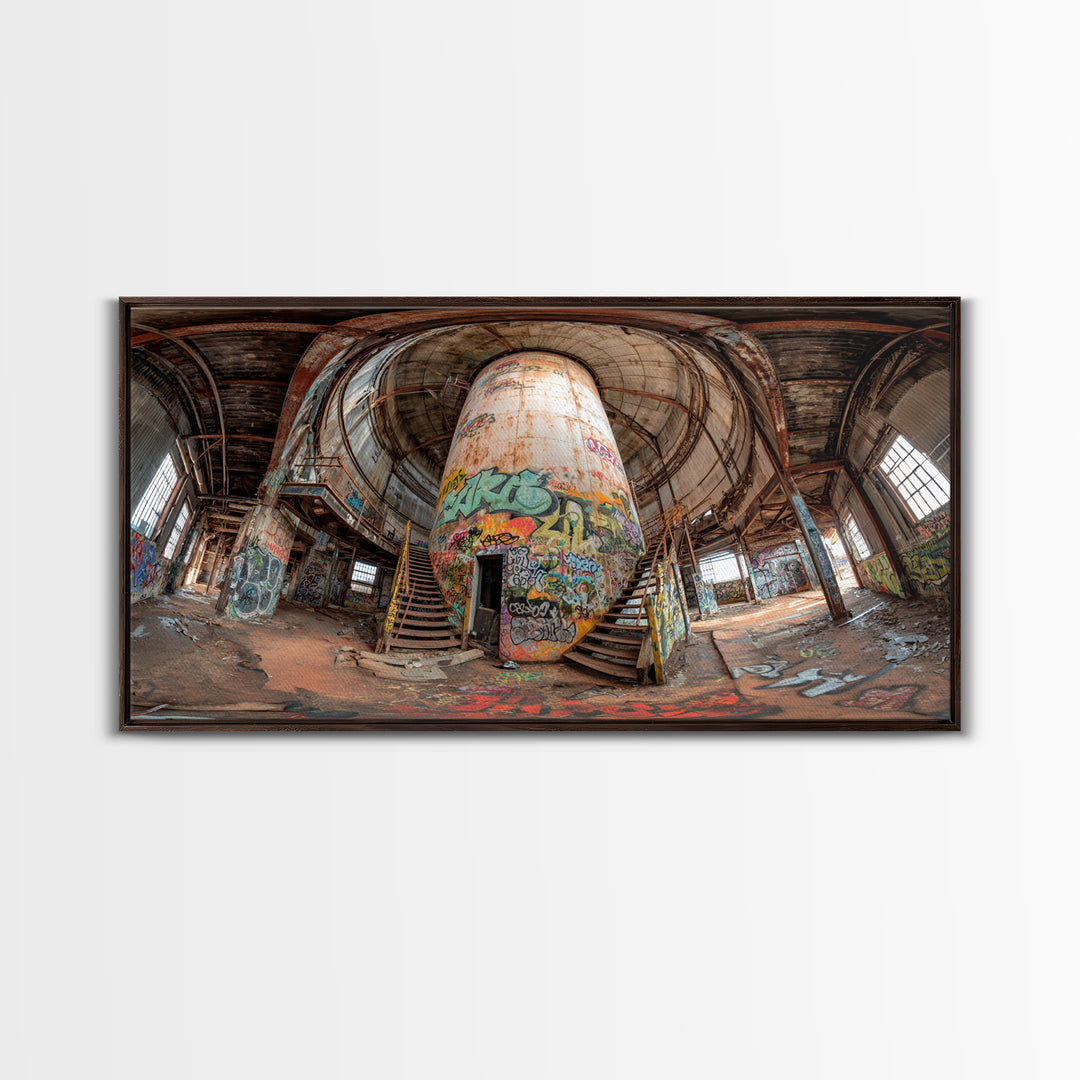 Abandoned Graffiti Silo Wall Art, Urban Industrial Interior Photograph, Street Art Decor, Modern Loft Canvas Print Gift For Home