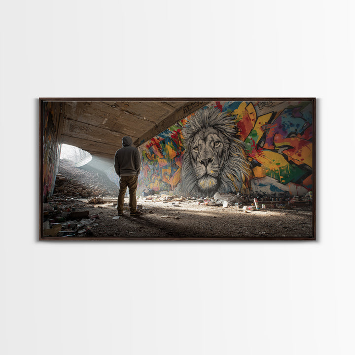 Hooded Figure Before Graffiti Lion Wall Art, Urban Street Art Canvas Print, Bold Industrial Decor, Gift For Him, Modern Home Decor