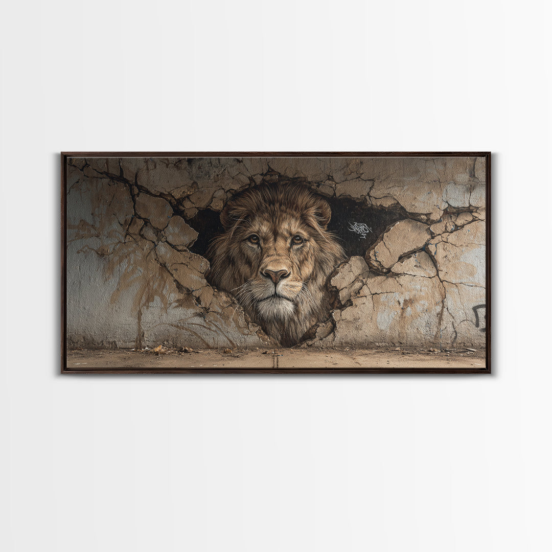 Cracked Wall Lion Mural Wall Art, Wildlife Graffiti Canvas Print, Big Cat Street Art, Urban Decor For Modern Living Room