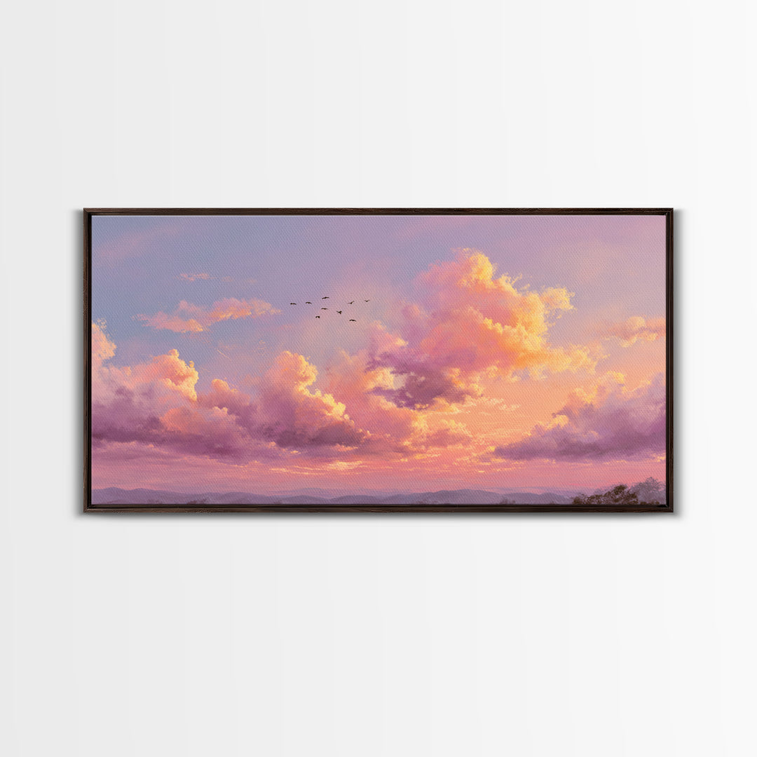 Golden Pink Sunset Clouds Over Mountains Wall Art, Serene Landscape Canvas Print, Living Room Decor, Housewarming Gift For Her