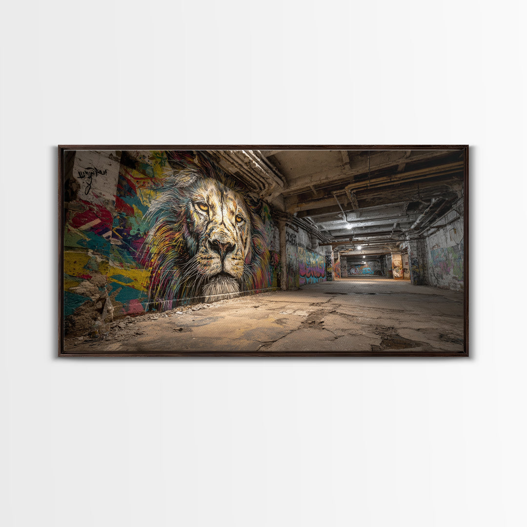 Underground Lion Graffiti Wall Art, Urban Street Art Canvas Print, Industrial Decor, Bold Wildlife Mural For Loft Office
