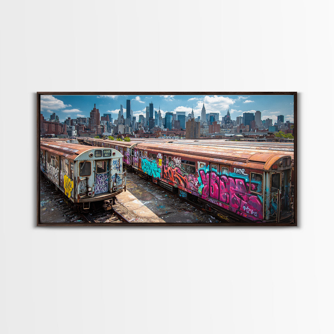 Graffiti Subway Trains With New York Skyline Wall Art, Urban Street Art Canvas Print, NYC Decor, Industrial Office Poster