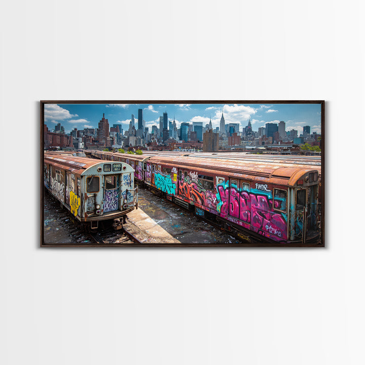 Graffiti Subway Trains With New York Skyline Wall Art, Urban Street Art Canvas Print, NYC Decor, Industrial Office Poster