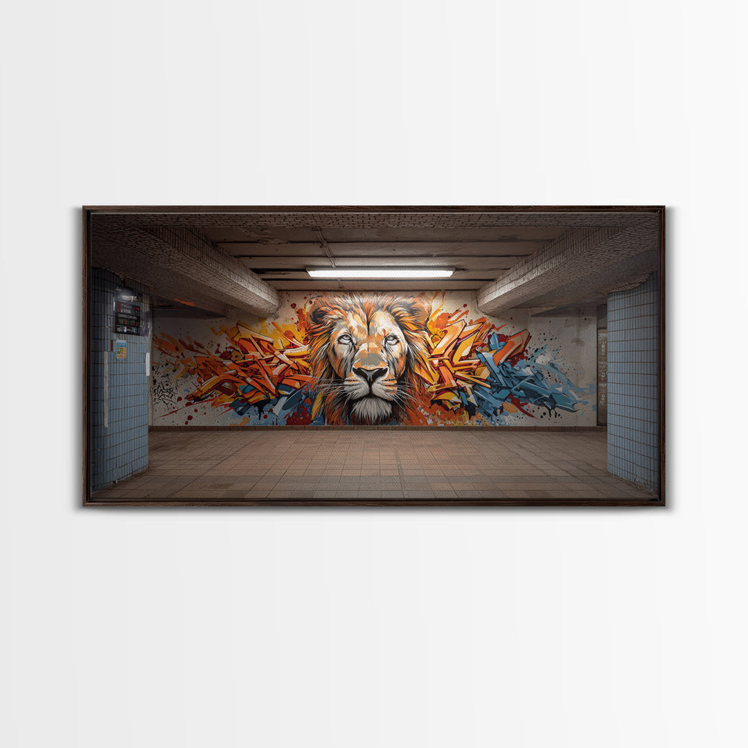 Colorful Graffiti Lion Subway Wall Art, Urban Street Art Canvas Print, Bold Modern Decor, Industrial Loft Statement Art Print