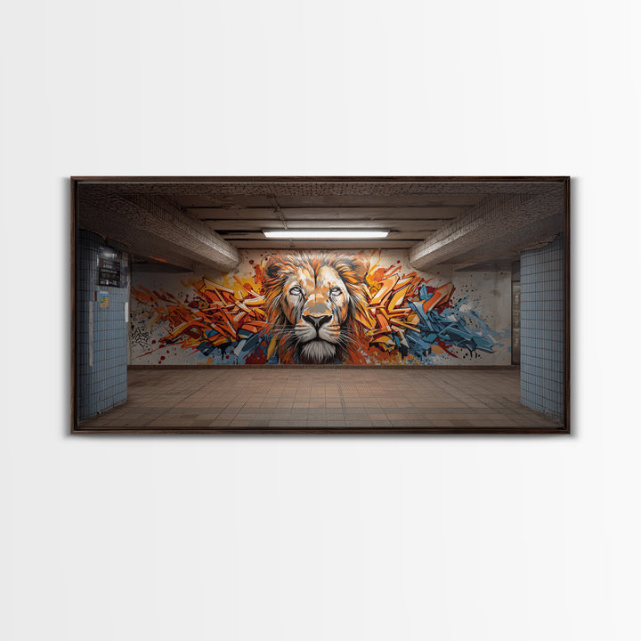 Colorful Graffiti Lion Subway Wall Art, Urban Street Art Canvas Print, Bold Modern Decor, Industrial Loft Statement Art Print