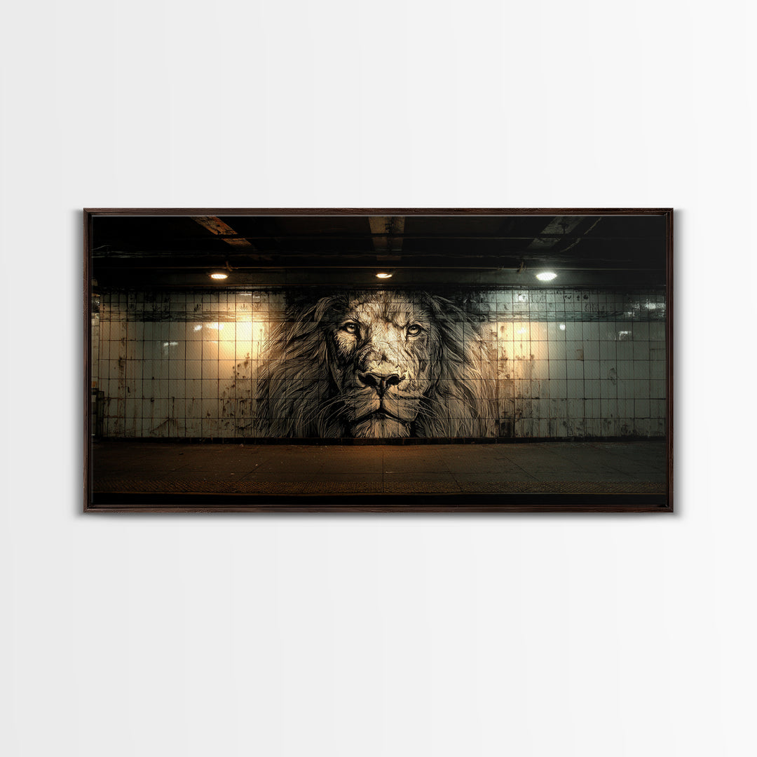Black And White Lion Mural Wall Art, Urban Street Art Canvas, Industrial Loft Decor, Masculine Office Wall Decor, Bold Art Print