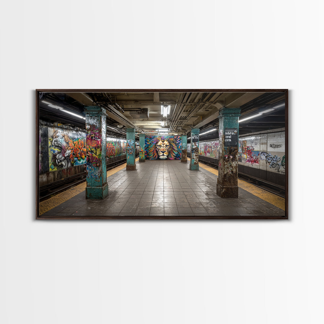 Graffiti Subway Platform With Lion Mural Wall Art, Urban Street Art Canvas Print, Pop Art Decor, Modern Office Wall Decor