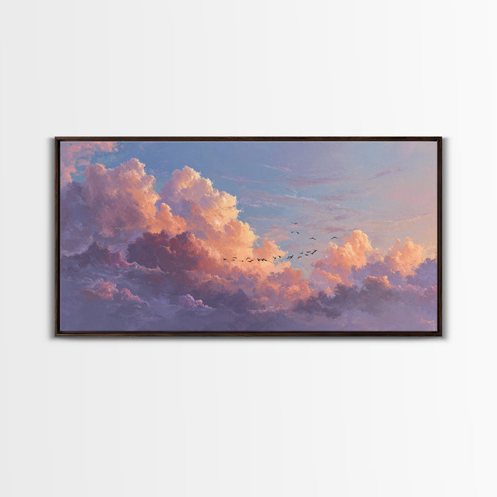 Dramatic Pastel Cloudscape With Birds Canvas Print, Sunset Sky Wall Art, Large Landscape Decor For Living Room, Office Decor
