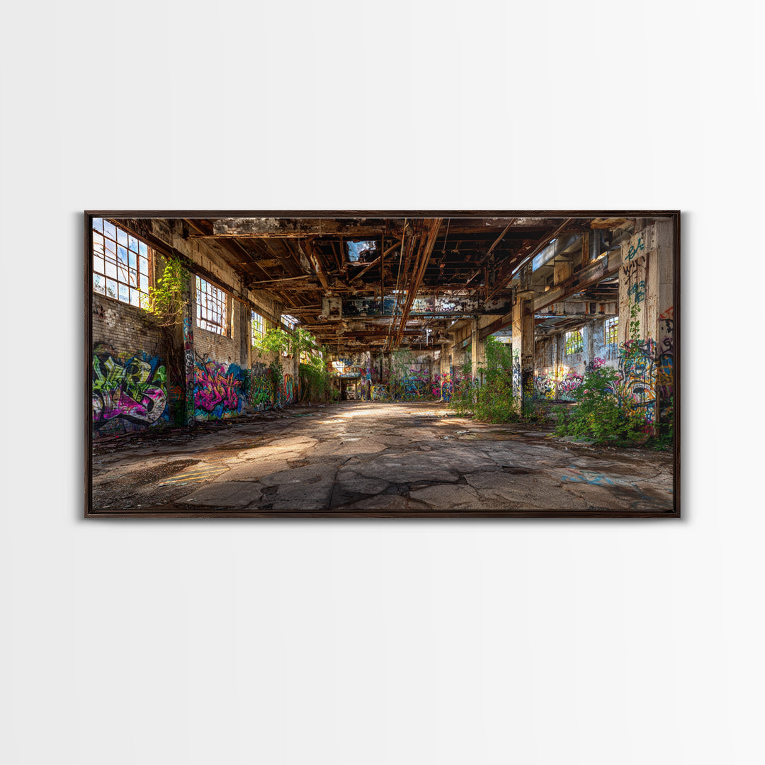 Abandoned Warehouse Graffiti Wall Art, Urban Decay Photography Canvas Print, Industrial Loft Decor, Large Street Art Poster