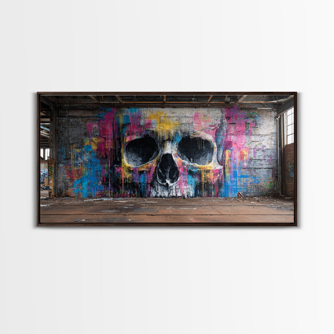 Neon Graffiti Skull Mural In Abandoned Warehouse Wall Art, Street Art Print, Gothic Decor, Edgy Urban Poster, Man Cave Decor