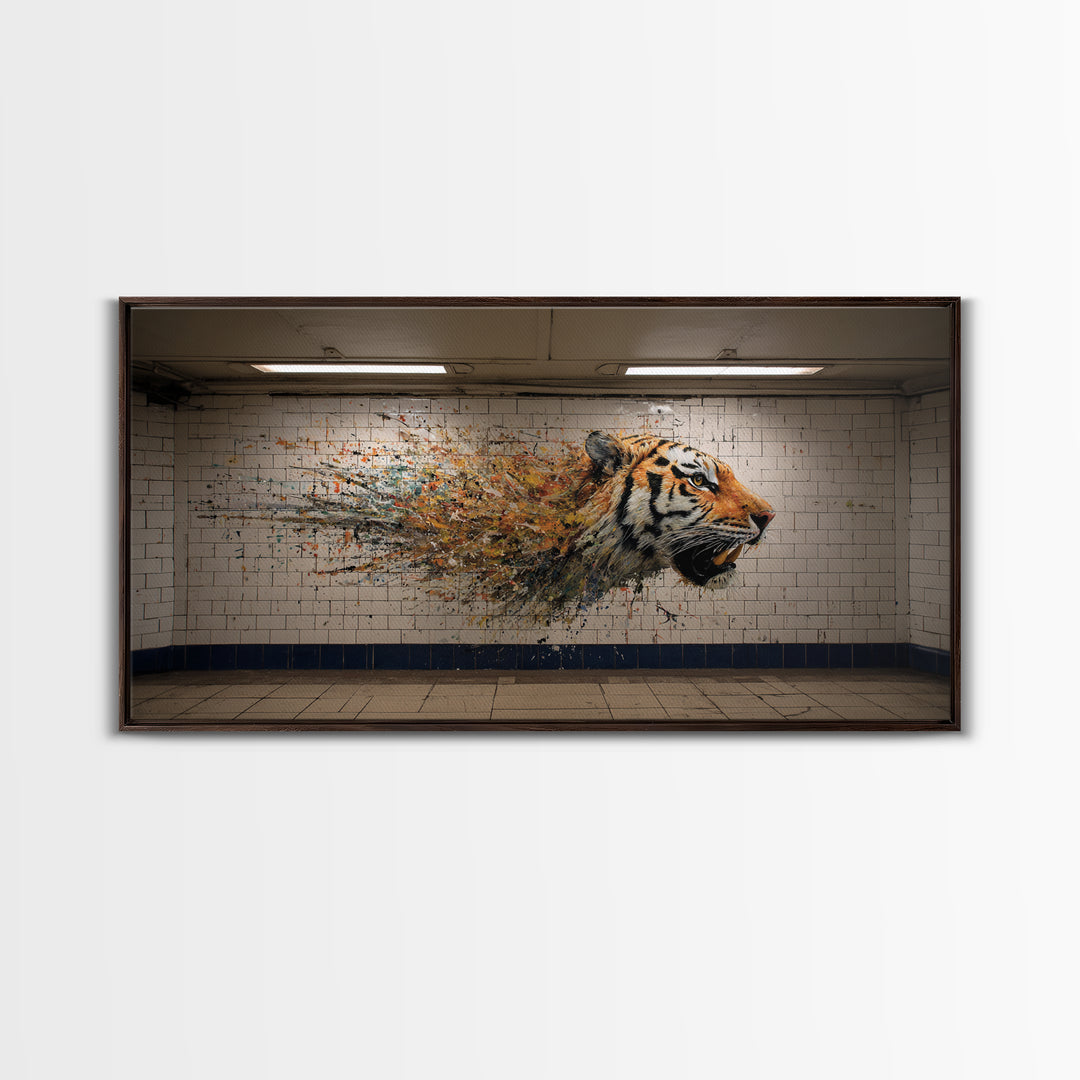 Exploding Tiger Subway Mural Wall Art, Urban Street Art Canvas Print, Bold Animal Decor, Maximalist Gift For Him Modern Loft