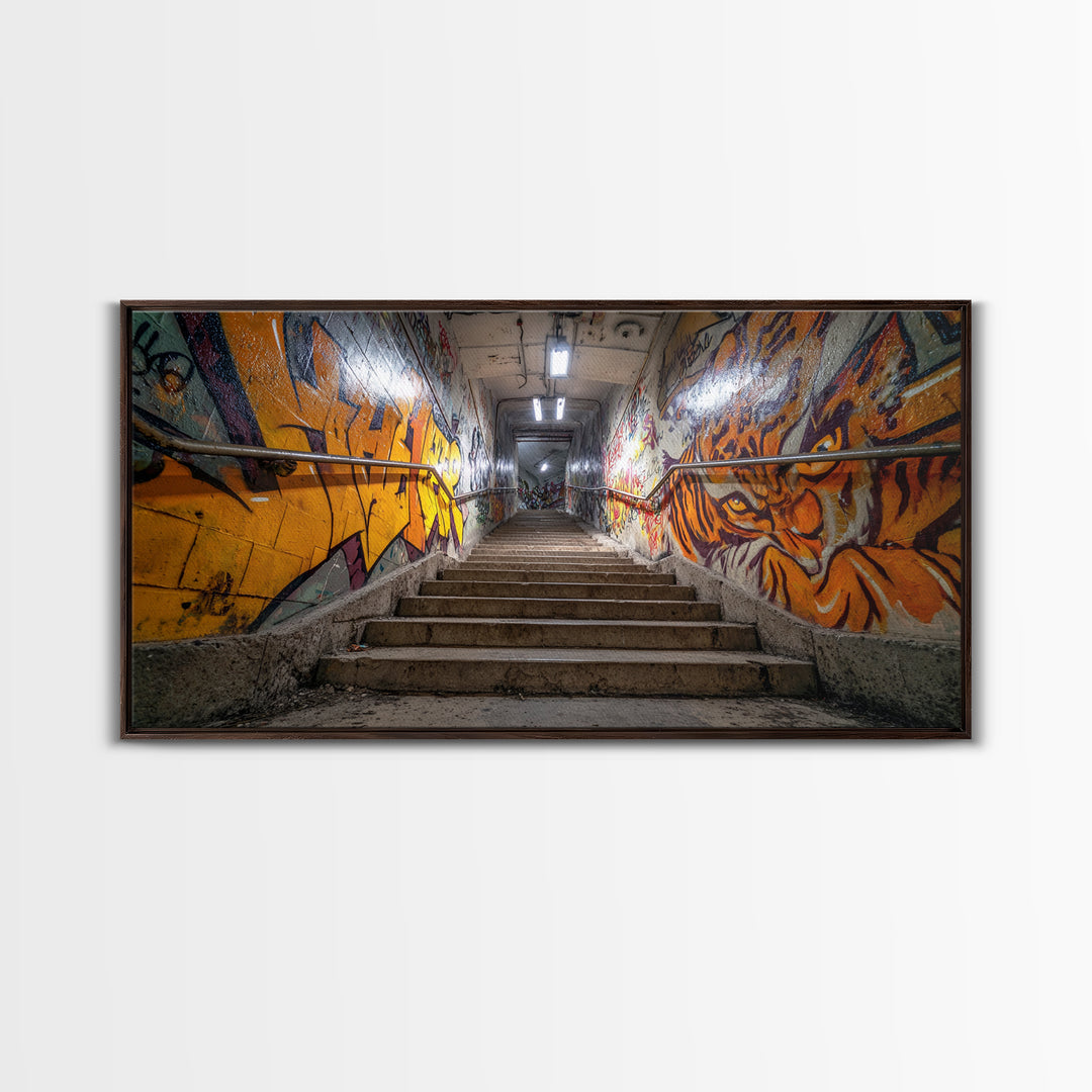 Graffiti Stairway Tunnel Wall Art, Underground Urban Street Art Canvas Print, Gritty Industrial Decor, Colorful Modern Art