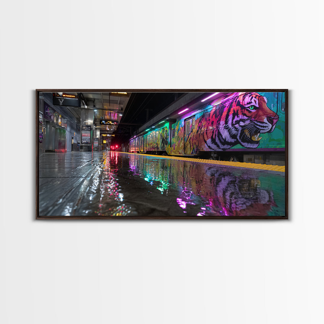 Neon Tiger Train Station Wall Art, Urban Subway Graffiti Canvas Print, Cyberpunk Animal Decor For Modern Living Room Gallery