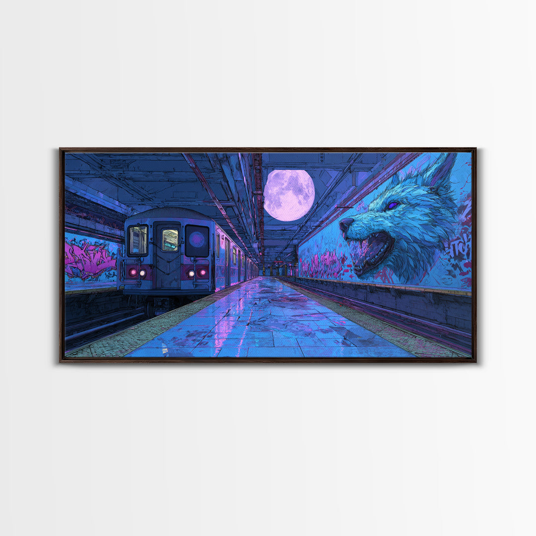 Moonlit Subway Wolf Canvas Print, Cyberpunk Train Station Wall Art, Neon Animal Graffiti Decor, Modern Urban Home Decor For Gamer Room