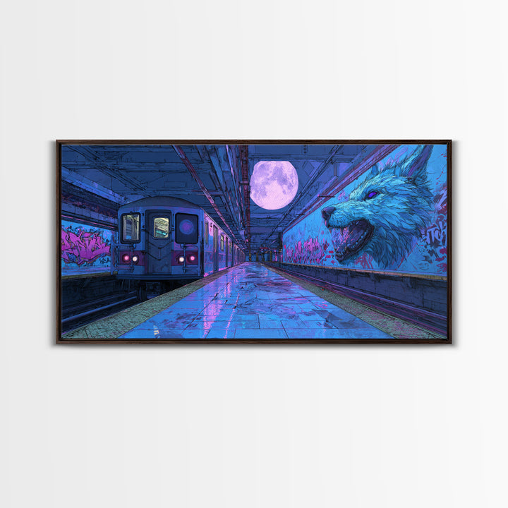 Moonlit Subway Wolf Canvas Print, Cyberpunk Train Station Wall Art, Neon Animal Graffiti Decor, Modern Urban Home Decor For Gamer Room