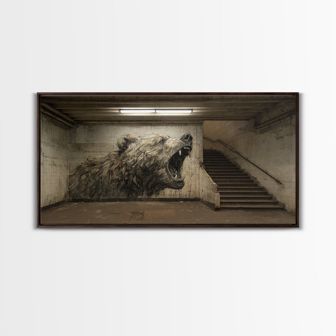 Roaring Bear Urban Subway Wall Art, Black And White Graffiti Canvas Print, Industrial Bathroom Decor, Animal Poster, Gift