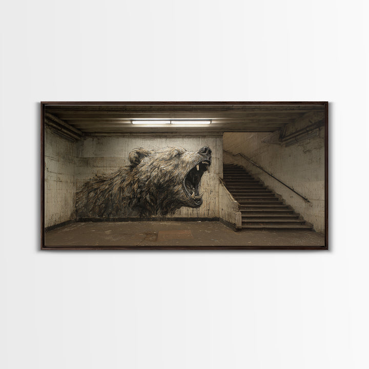Roaring Bear Urban Subway Wall Art, Black And White Graffiti Canvas Print, Industrial Bathroom Decor, Animal Poster, Gift