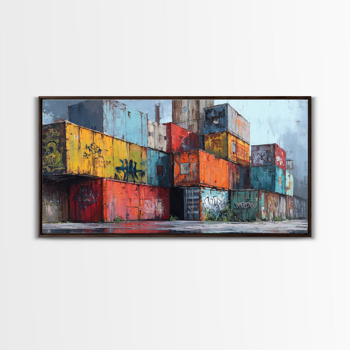Stacked Graffiti Shipping Containers Wall Art, Urban Industrial Canvas Print, Street Art Decor, Modern Office Wall Decor
