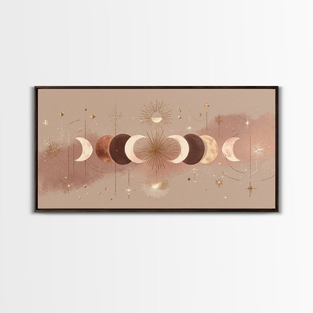 Boho Moon Phases And Radiant Sun Wall Art, Celestial Decor, Mystical Stars Print, Neutral Boho Bedroom Gallery Canvas Print