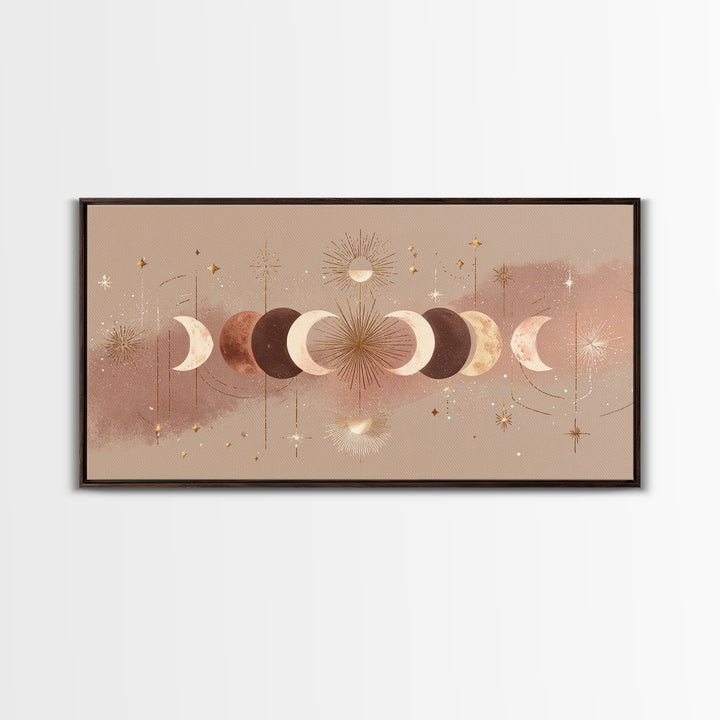 Boho Moon Phases And Radiant Sun Wall Art, Celestial Decor, Mystical Stars Print, Neutral Boho Bedroom Gallery Canvas Print