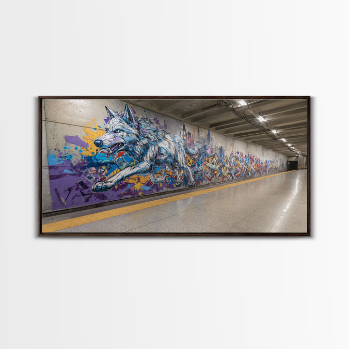 Running Wolf Graffiti Subway Mural Canvas Print, Urban Street Art Wall Art, Colorful Animal Decor, Modern Man Cave Art Gift