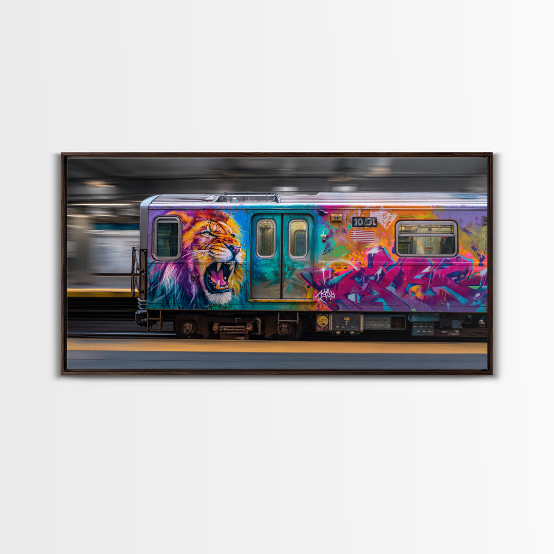 Colorful Lion Graffiti Train Canvas Print, Urban Street Art Wall Art, Dopamine Decor, Bold Pop Art Subway Photography Print