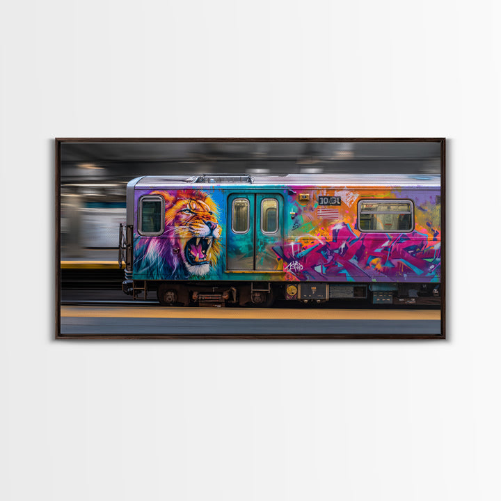 Colorful Lion Graffiti Train Canvas Print, Urban Street Art Wall Art, Dopamine Decor, Bold Pop Art Subway Photography Print
